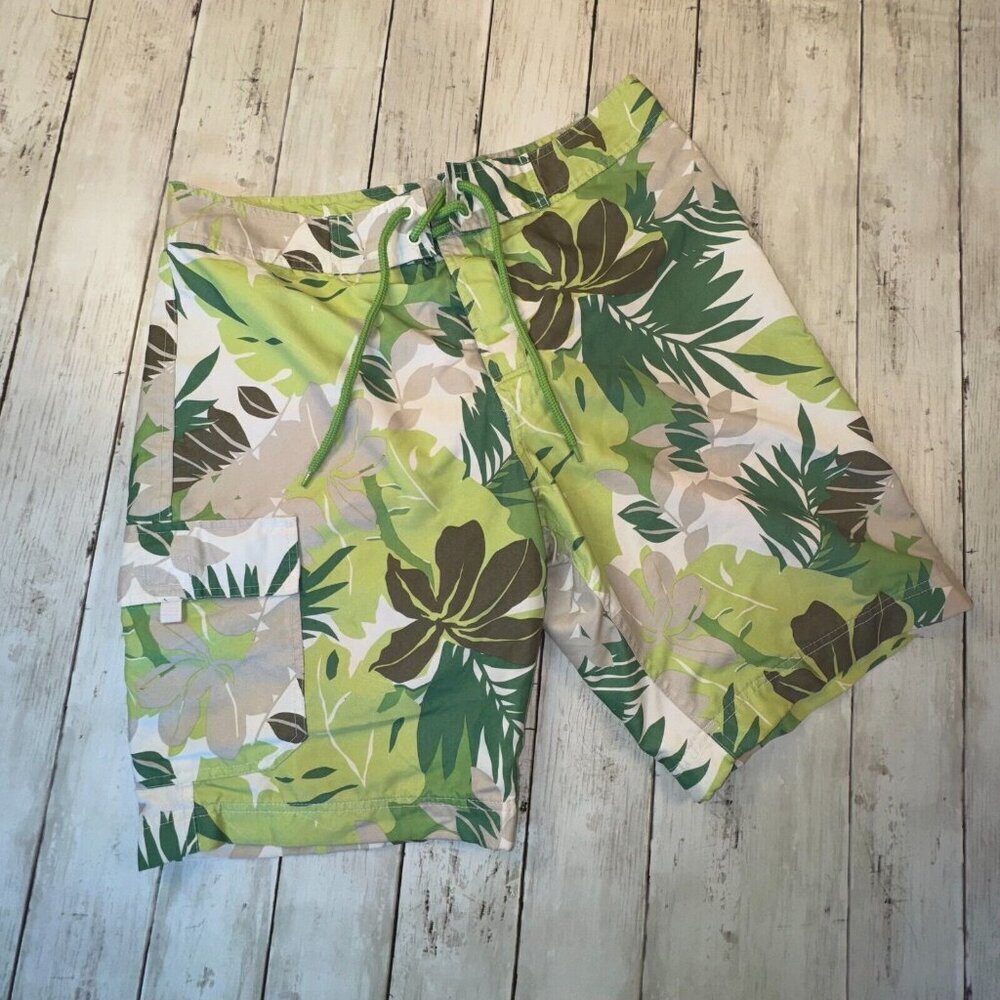 Gap Board Shorts Mens M Green Hibiscus Drawstring Tie Nylon Swimwear